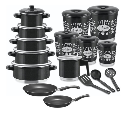 Jogo Kit Panela Caçarola+leiteira+mantimento+jogo Frigideira Cor Preto