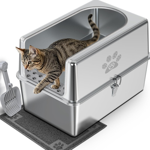 Caja De Arena Para Gatos De Acero Inoxidable Cerrada Pwtaa X