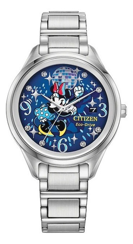 Reloj Citizen Dancing Minnie Disney Original Dama E-watch Color De La Correa Plateado Color Del Bisel Plateado Color Del Fondo Azul