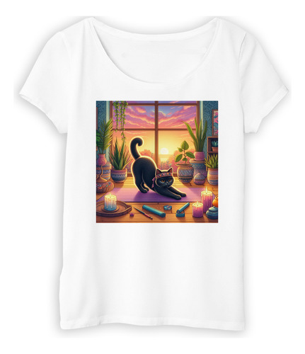 Remera Mujer Gato Yoga En Casa Atardecer Dibujo Vela