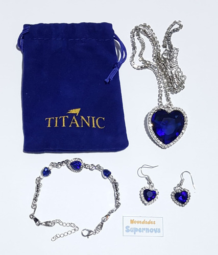 Collar De Corazón Azul Titanic, Con Aretes Y Pulsera