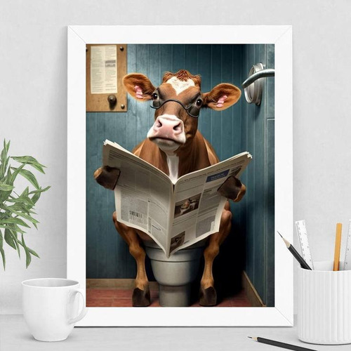 Quadro Vaca No Banheiro 45x34cm - Madeira Branca