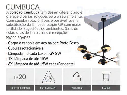 Lustre Avant Cumbuca 6 Hastes P/ Quarto Sala Cozinha Balcão Cor Preto fosco