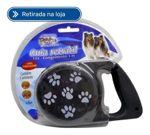 Guia De Cachorro Com 5 Metros Retrátil Preta Western - G505