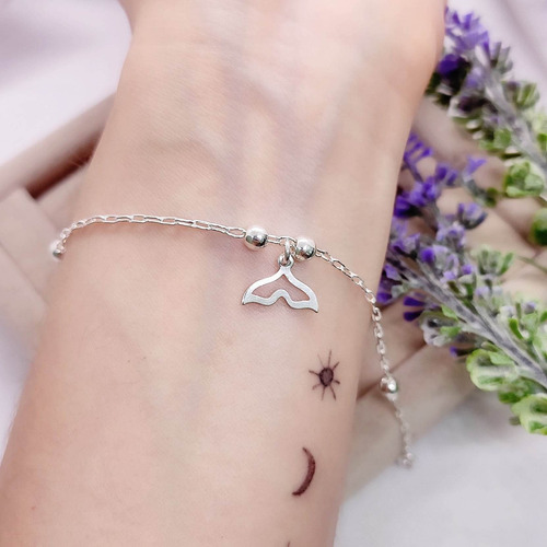 Pulseira Feminina De Prata 925 Cauda De Sereia E Bolinhas Comprimento 19 Cm