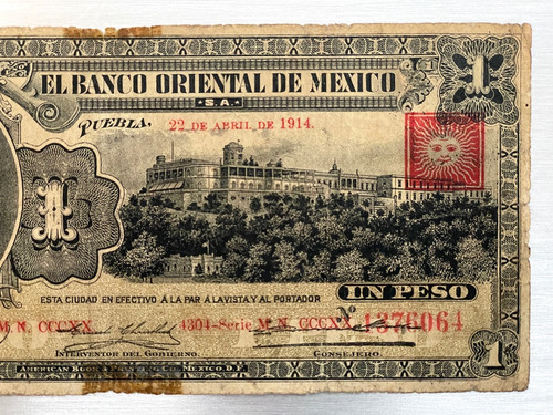Billete 1 Peso Banco Oriental De Mexico, 1914 (Usado)