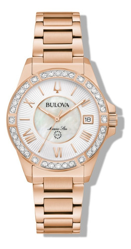 Reloj Bulova Marine Star 98r295 Para Dama Original E-watch Color de la correa Oro rosa Color del bisel Oro rosa con diamantes Color del fondo Madre Perla Blanca