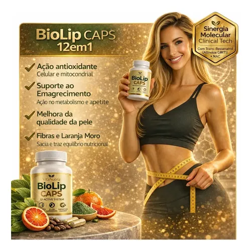 Biolip Caps 12 em 1 Quitosana Spirulina Psyllium Café Verde 500mg...