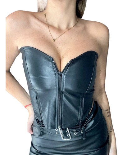 Top Mujer Strapless Cuerina Vintage Engomado Con Cierres