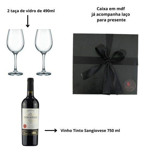 Kit Premium Vinho Tinho 750ml P/ Presente 2 Taças Vidro Wine
