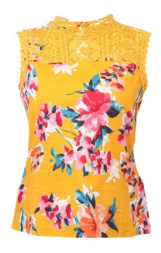 990-52  Blusa Crochet Floral Dama Mujer Amarillo Multicolor