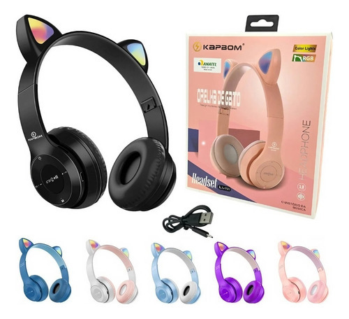 Headset Fone De Ouvido Bluetooth Led Orelha Gato Rgb Light Cor Azul-celeste