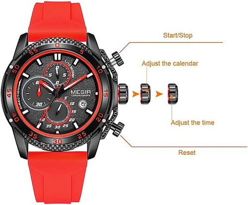 Reloj deportivo Megir 2211 Quartz Chronograph para hombre, correa de color rojo