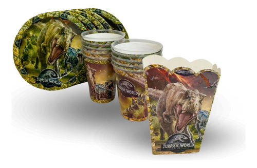 Kit Platos, Vasos Y Palomeros Para 10 Invitados Personajes Jurassic World
