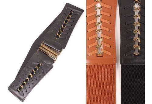 Cinturon Faja Elastica Aplique De Cadena Y Tiras Cuero Mayor