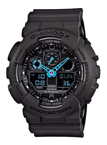 Reloj pulsera Casio G-Shock GA100 de cuerpo color negro, analógica-digital, para hombre, fondo negro, con correa de resina color negro, agujas color celeste, dial gris, subesferas color negro, minutero/segundero gris, bisel color negro y hebilla doble