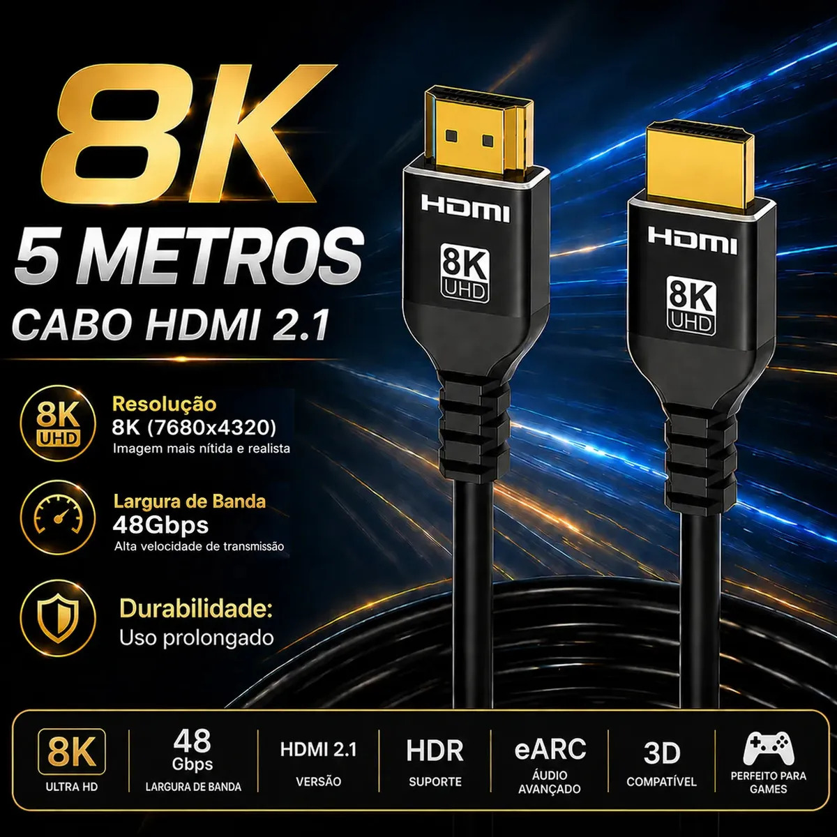 Cabo HDMI 5 Metros 2.1 8K Ultra HD 60Hz 4K 120Hz 1440p 144Hz 1080p 240Hz 48Gbps eARC HDR Para PS5 Xbox Series X S TV Monitor Gamer Banhado a Ouro Blindagem Dupla - FixMyCell