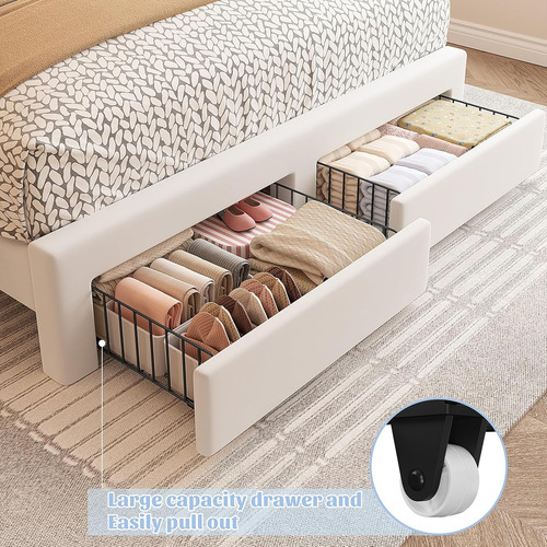 Base De Cama Enhomee C/cajones & Luces Led Matrimonial Crema