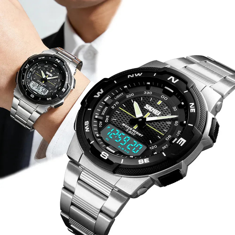 Relógio Masculino Esportivo Skmei 1370 Analógico Digital Aço Inoxidável À Prova D'água Dual Time Prata | Fundo Preto/Cinza Bisel Preto