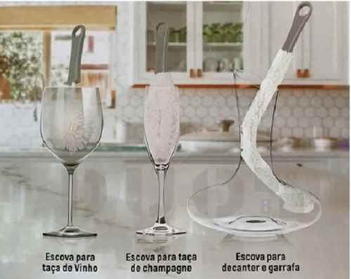 Kit 3 Esponjas Escovas De Lavar Louça Taças Garrafa Decanter