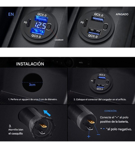 Cargador Triple 1 Tipo C Y 2 Usb Qc 3.0 56w 12v - 24v