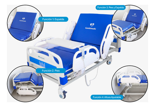 Gambimedic Cama Hospitalaria Electrica 4 Posiciones Funciones Elevacion Espalda Reposapiernas Altura Ajustable 43cm Hasta 71cm Con Control Remoto Incluye Colchon 12cm Portasuero Mesa Para Comer