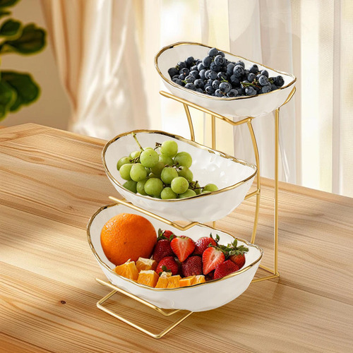 Ceramic Fruit Bowl For Kitchen Counter Tiered 3 Layers Gold