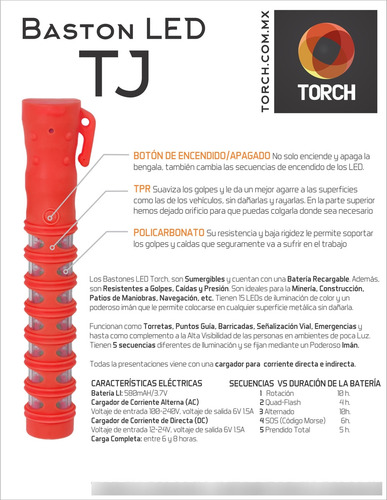 Bastón Jack De Señalización Led Color Rojo Recargable (imán) Rojo Rojo