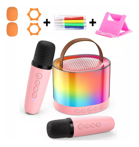 Máquina de karaoke altavoz bluetooth con 2 micrófonos inalámbricos color rosa