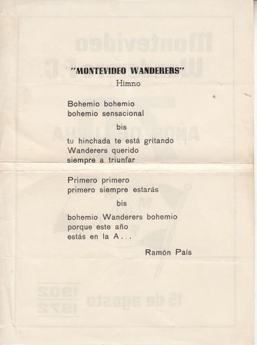 1972 Himno Montevideo Wanderers Futbol Cub Por Ramon Pais