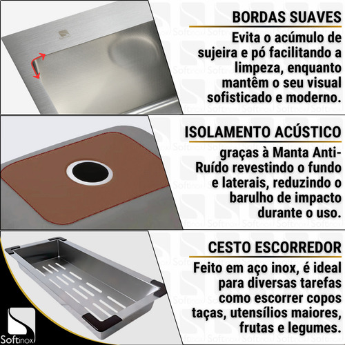 Kit Cuba Cozinha Gourmet 44x44 Inox Com Torneira Monocomando Cor Escovado