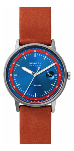 Reloj Para Hombre Skagen Titanio Skw6755 Correa Marrón Claro Bisel Gris Oscuro Fondo Azul/rojo