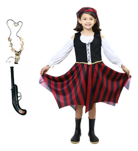 Disfraz Vestido Pirata Del Caribe Clasico Con Collar Y Pistola Infantil Para Niñas