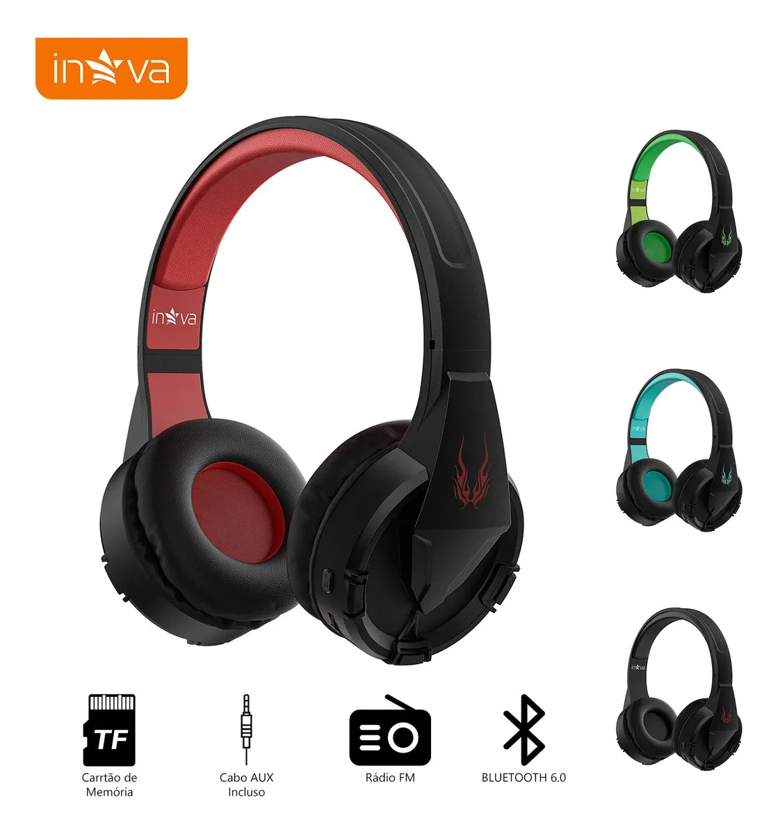 Fone de Ouvido Inova Cases Over-ear Bluetooth com Microfone, Rádio FM e MP3 Entrada AUX, Slot TF até 32GB, Reprodução Sem Fio e Com Fio para Casa Exercícios Ao Ar Livre Preto e Vermelho