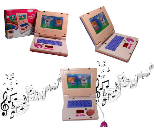 Brinquedo Laptop Infantil Musical Com Som E Luzes Animais Cor Rosa