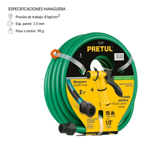Combo Manguera 1/2' X 15 M Y Pistola Para Riego Pretul 25019