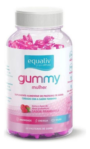 Super Gummy Mulher Fibras E Prebióticos 3g 60 Gomas Equaliv Sabor Framboesa