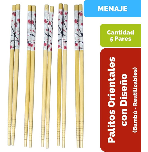 Palillos Orientales De Bambú Reutilizables. Pack De 5 Pares