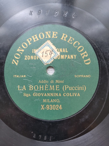 Giovannina Coliva Zonophone Record Disco De Pasta Importado (Usado)
