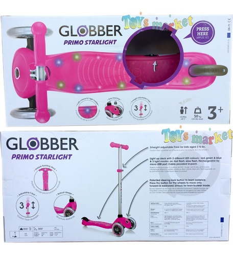 Globber Primo Starlight Luces Led Monopatin Rosa Hasta 50kg