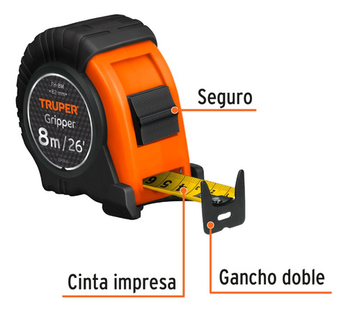 Flexómetro Gripper, Contra Impacto, 8 M, Cinta 25 Mm. Truper