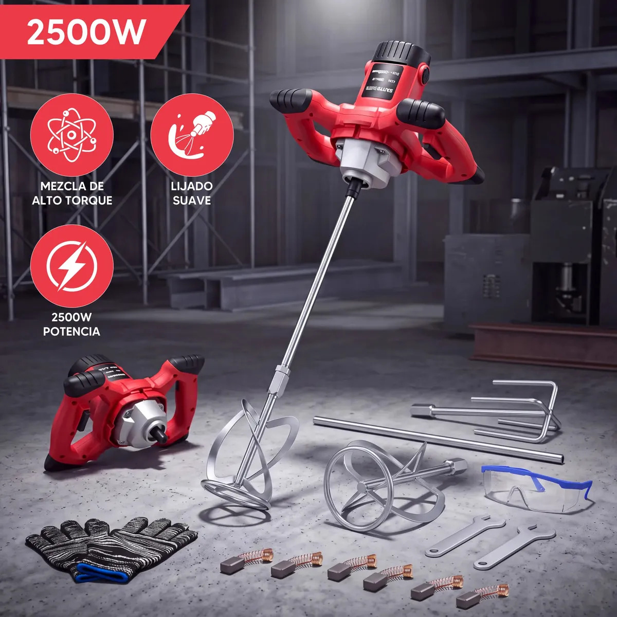 Mezcladora Eléctrica De Cemento Pintura 6 Velocidade 2500w 2 Cabezales Mezcladores HESDER