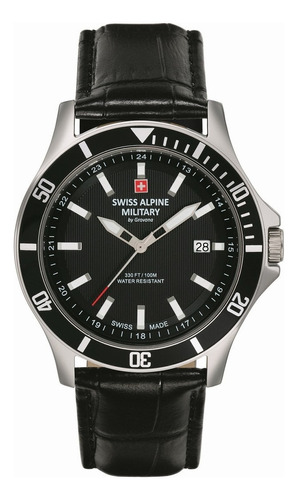 Reloj Pulsera Swiss Alpine Military Challenger 7022.1537sam De Cuerpo Color Plateado, Analógico, Para Hombre, Fondo Negro, Con Correa De Cuero Color Negro, Bisel Color Negro Y Hebilla Simple