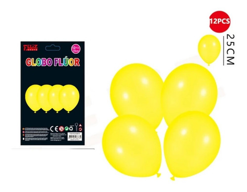 Imagen 2 de 6 de Pack 12 Globos Neón Para Fiestas Fluorescentes Uv. Amarillo