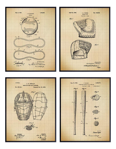 Arte De Patente De Béisbol Impresiones  Conjunto De Ca...