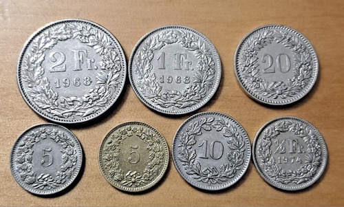 Suiza X 7 Monedas Incluye 1 Y 2 Francos 1968. Usadas!!!