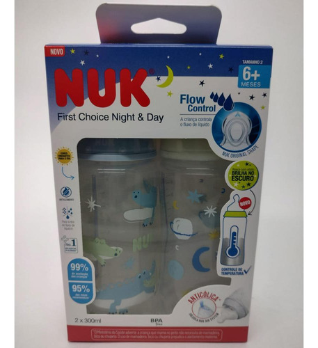 Kit 2 Mamadeira First Choice Night 300ml +6m Boys Nuk