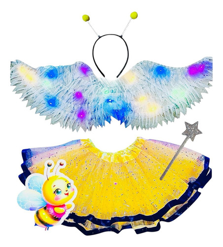 Disfraz Abejita Ala Vincha Tutu Brillo Varita Niña Halloween Amarillo Con Negro Tutu/ala Luz Led 1 A 2