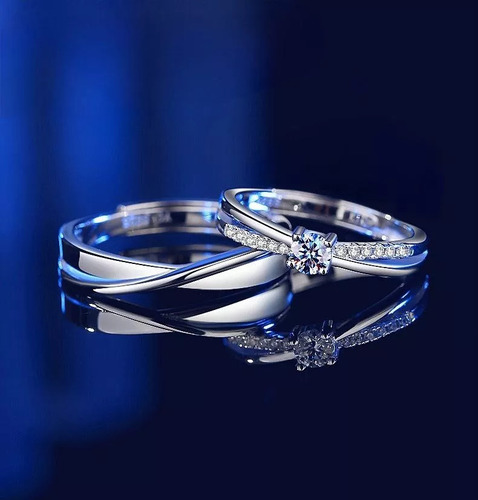 2 Anillos Plata 925 Ajustable Circón Pareja Matrimonio