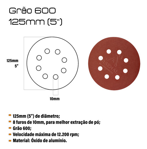 Kit 50 Discos De Lixa Velcro 5 Pol 125mm Grão 600
